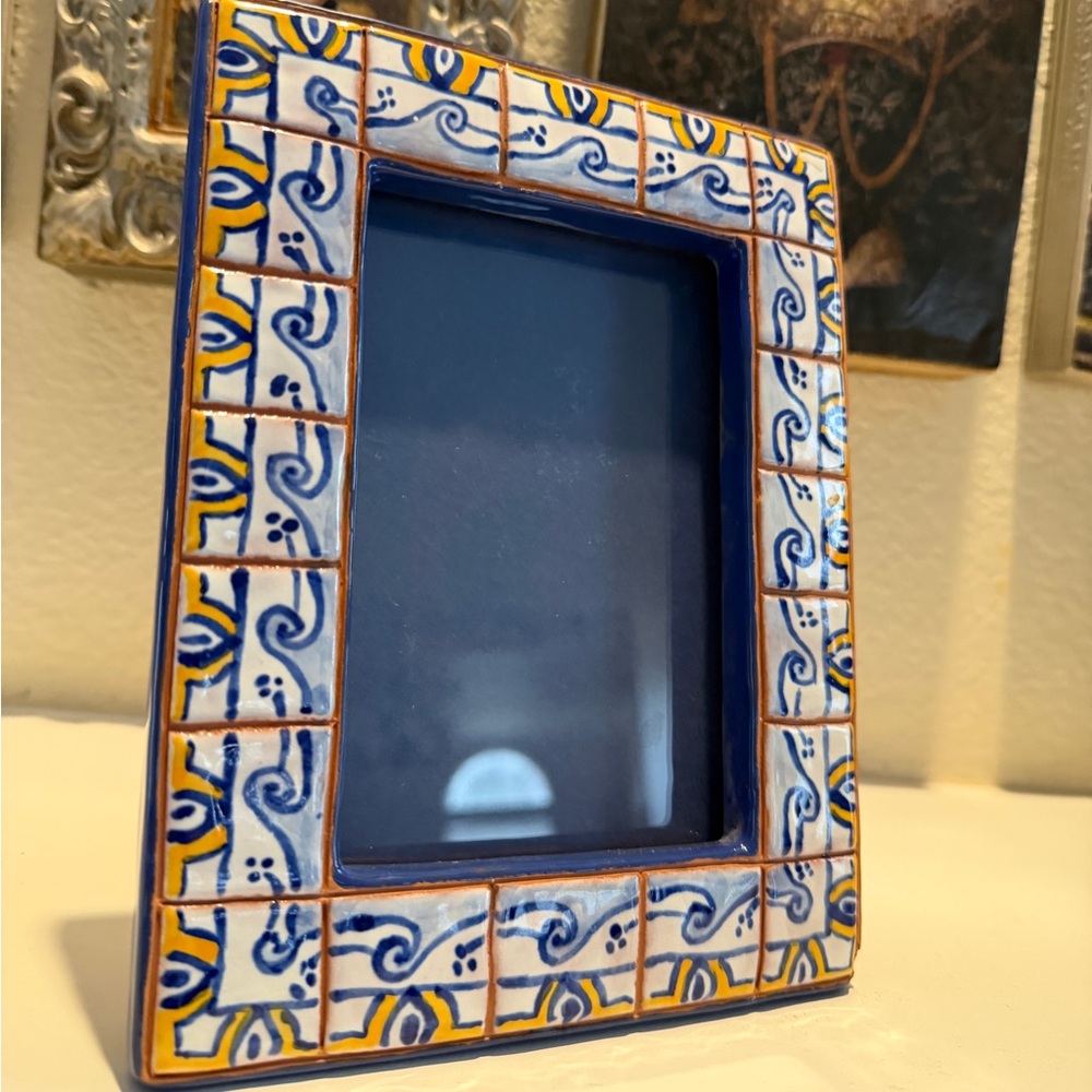 Handcrafted Talavera‎ Tile Tin Picture Frame Blue Yellow Spanish Colonial style